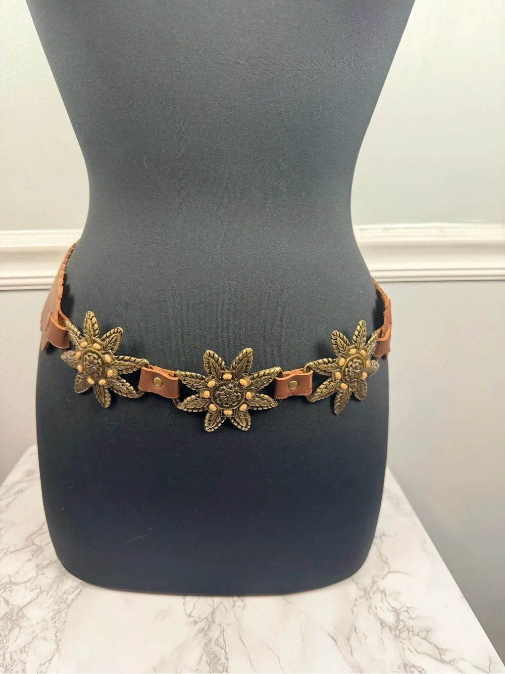 Vintage metal and leather brass shaped floral belt